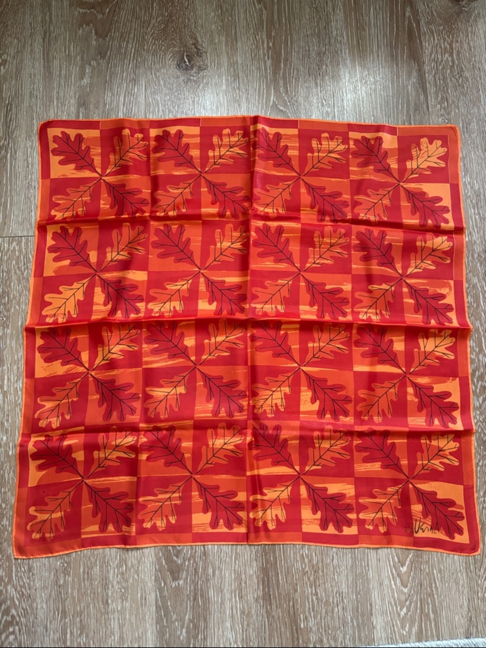vintage Vera Neumann red & orange leaf print Fall scarf, 26.5” square